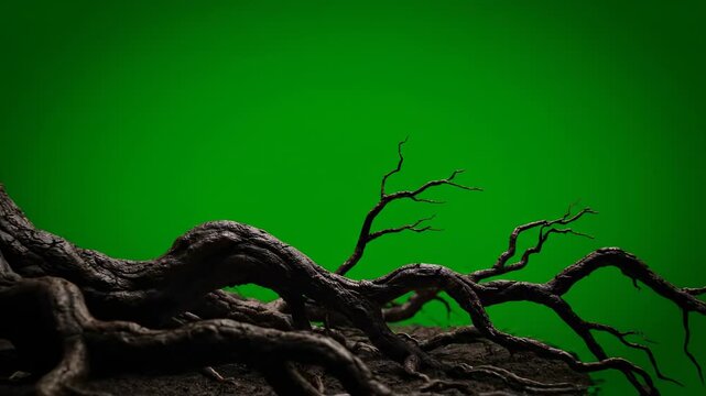 Ominous, twisting tree roots slowly growing and spreading across the ground, isolated on green screen nature, plant, twisting roots