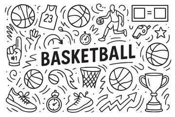 Funny doodle vector background, themed basketball sport, outlined in black with monochrome art style, creative illustration combining humor, energy, and simplicity.