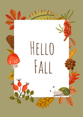 Vintage frame of autumn leaves and fall finds in bright colors on a green backgrond. Vector trendy hamd drawn illustration. For fabric, wallpaper or gift wrapping print.	