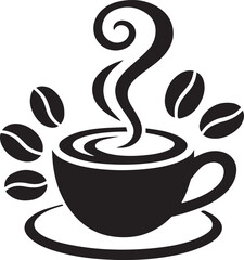 Black coffee cup with steam and coffee beans on saucer black and white