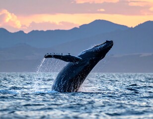 Majestic Whale Spouting Water at Sunset.