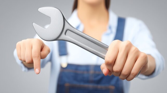 A confident female mechanic or technician in a denim overall and light blue shirt holds a large silver wrench toward the camera while pointing her finger down with the other hand.