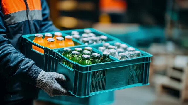 Focused medium shot on a delivery driver unloading crates of specialty nonalcoholic drinks with the busy distribution center subtly blurred behind.
