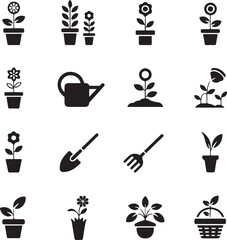 Black icons of potted plants watering can shovel rake and basket flower