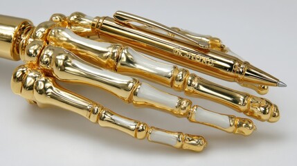 Naklejka premium Gold Skeleton Hand Pen on White Background, Unique Design and Creative Stationery for Art and Writing, Novelty Item