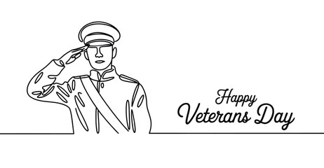 Minimalist Veterans Day salute illustration with military figure in uniform and sash, honoring service with elegant line art and tribute text