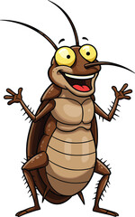 Cartoon cockroach character standing, expressive insect design, funny bug with big eyes, vector illustration for children’s educational and humorous content