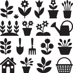Black silhouette icons of plants flowers gardening tools house and basket vector