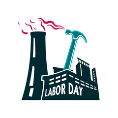 Labor Day Factory Hammer Graphic Illustration Dia del Trabajo Labor Day May 1 Dark gray factory smokestack with a single red worker’s hammer