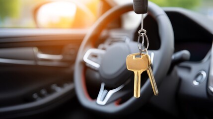 Golden Car Keys Hanging from the Ignition Inside a Vehicle with a Blurred Steering Wheel and Dashboard.