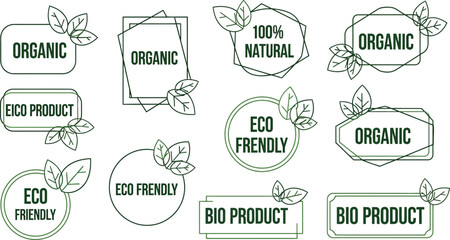 Fototapeta premium Organic, Eco Friendly and Bio Product Labels with Green Leaves, Isolated on White