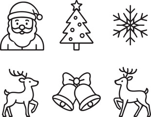 Fototapeta premium Christmas linear icon set, Santa, tree, snowflake, reindeer, bells, thin vector
