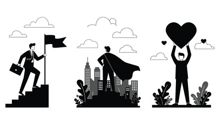 Business success illustrated with a man a superhero and a loving heart © Tm Studio