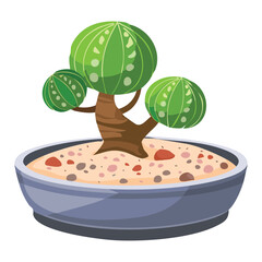 Cartoon Baobab-Style Bonsai Tree with a Thick Swollen Trunk and Watermelon-Patterned Leaves in a Wide Shallow Pot	