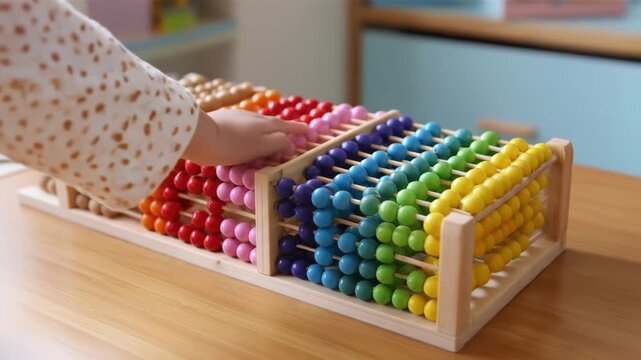 A child's hand interacts with a colorful abacus on a wooden surface, with a blurred background. The beads are rainbow-colored