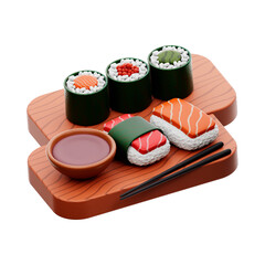 Stylized Sushi Meal with Maki Rolls, Nigiri, Soy Sauce, and Chopsticks in 3D Cartoon Illustration

