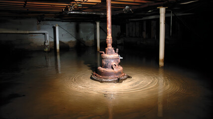 A rusty, old sump pump is submerged in deep, standing water in a dark basement.