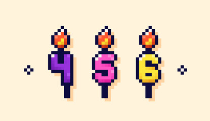 Pixel art birthday cake candles. Numbers from 4 to 6.