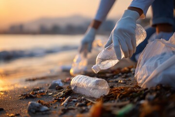 Gloved Hand Picking Up Plastic Bottle Waste on Beach