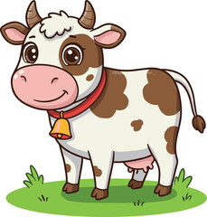 Cartoon dairy cow on grass, cute farm animal illustration, friendly livestock character, isolated vector design for kids and agriculture content