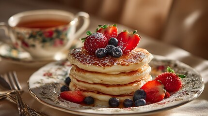 Stacked pancakes with berries on a floral plate in a sunny room with tea, for breakfast or a cafe