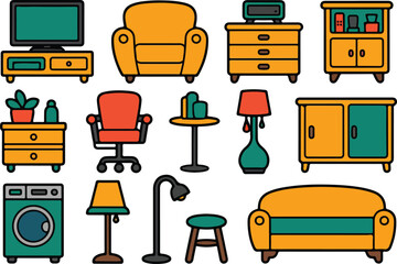 Collection of cartoon furniture and home appliances in orange and teal sofa armchair