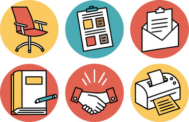 Business Icons: Office Chair, Clipboard, Envelope, Book, Handshake, Printer vector Illustration
