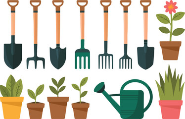 Collection of gardening tools and potted plants flat design shovel