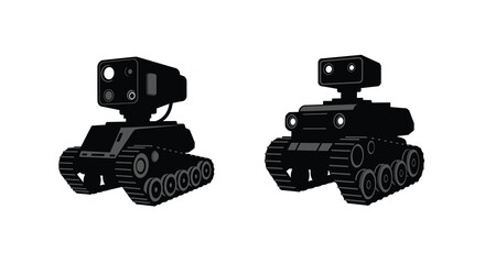 Obraz premium Two simple black robot designs with treads and blocky features shown
