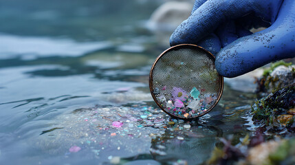 A gloved hand holds a mesh filter containing colorful microplastic fragments near water.