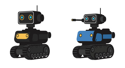 Two colorful robotic devices with wheels and digital faces shown