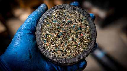 A gloved hand holds a mesh filter containing microplastic debris for analysis.