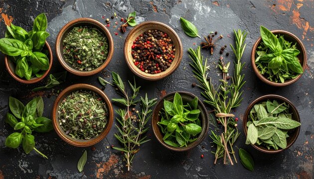 Assorted Fresh Culinary Herbs in Bowls on a Dark Textured Surface Overhead View Colorful Variety of Spices Seasonings and Aromatic Plants - Powered by Adobe