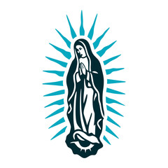 Virgin of Guadalupe Icon, Teal and White Golden outline of the Virgins cloak with radiating sun rays Dia de la Virgen de Guadalupe December 12.