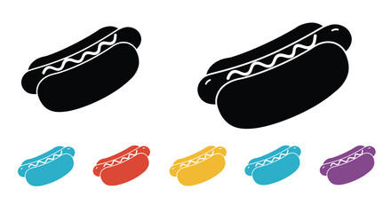 Black and colored hotdog icons with variations in design and hue