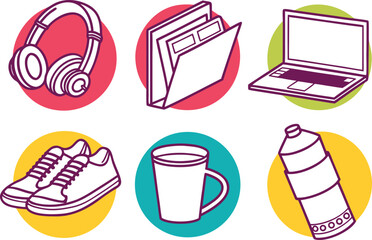 Collection of Everyday Objects: Headphones, Laptop, Shoes, Mug, Folder, Bottle vector Illustration