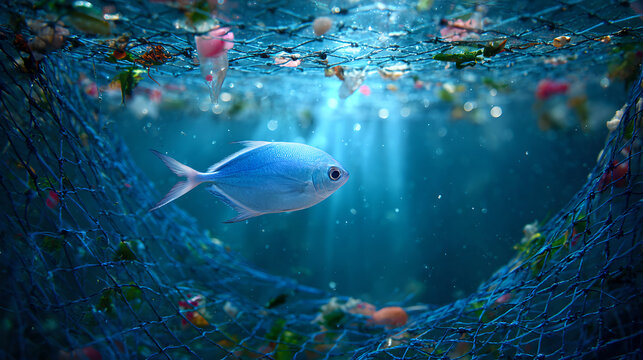 A school of small fish navigate a dense concentration of underwater plastic pollution.
