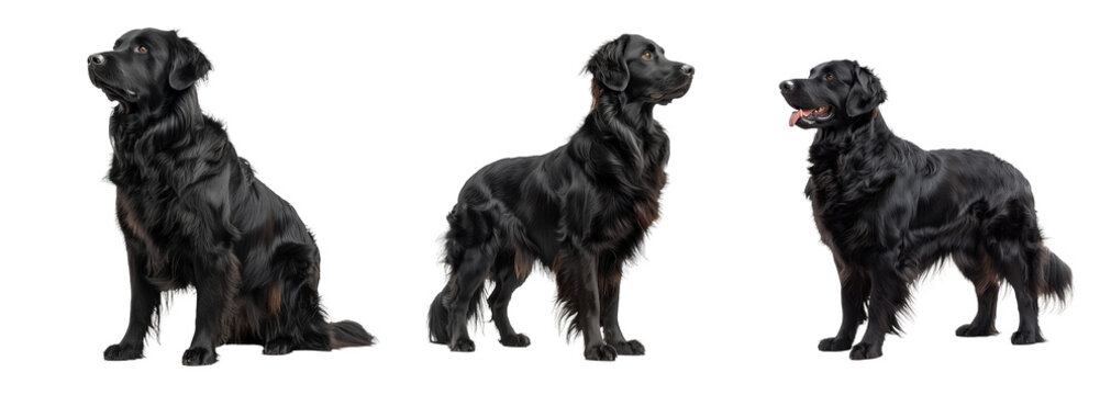Set of Flat Coated Retriever Isolated on Transparent Background. PNG. 