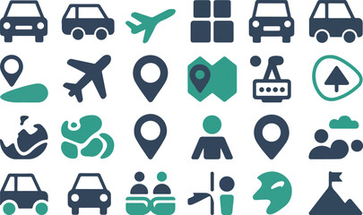 Collection of travel and navigation icons in blue and green airplane