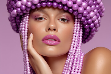 Naklejka premium Woman with purple hair and a purple hat. She is wearing a lot of makeup and has a very pretty face