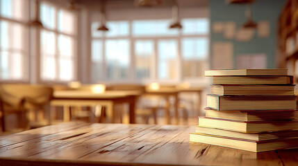 Stack of books sit on a wooden desk in a bright classroom