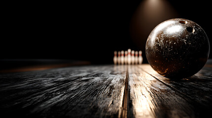 Fototapeta premium A single black bowling ball rests perfectly centered on a highly polished wood lane.