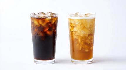 Two glasses of iced drinks, one dark, one light, on white background