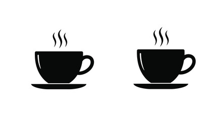 Two steaming black coffee cups with saucers simple graphic design