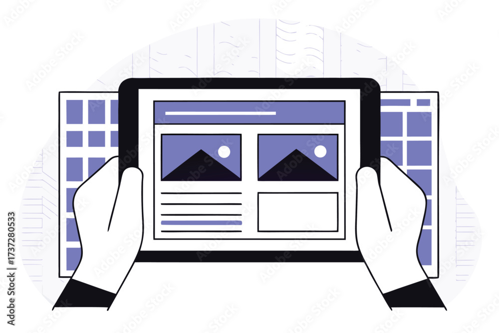 Wall mural hands holding tablet displaying website layout with abstract background device screen