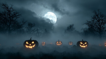 Glowing pumpkins in foggy field under a full moon night.