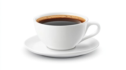 Obraz premium White ceramic coffee cup filled with dark coffee on a saucer, isolated on white