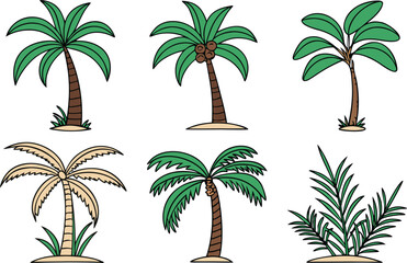 Collection of Six Cartoon Palm Trees and Tropical Foliage Illustrations vector Illustration