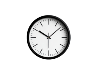 Minimalist black framed white analog clock face with black hands time, Isolated, Png Transparent Background
