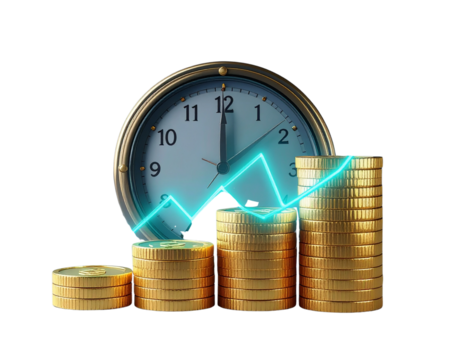  Stack of Coins with Clock and Rising Investment Graph, Transparent PNG